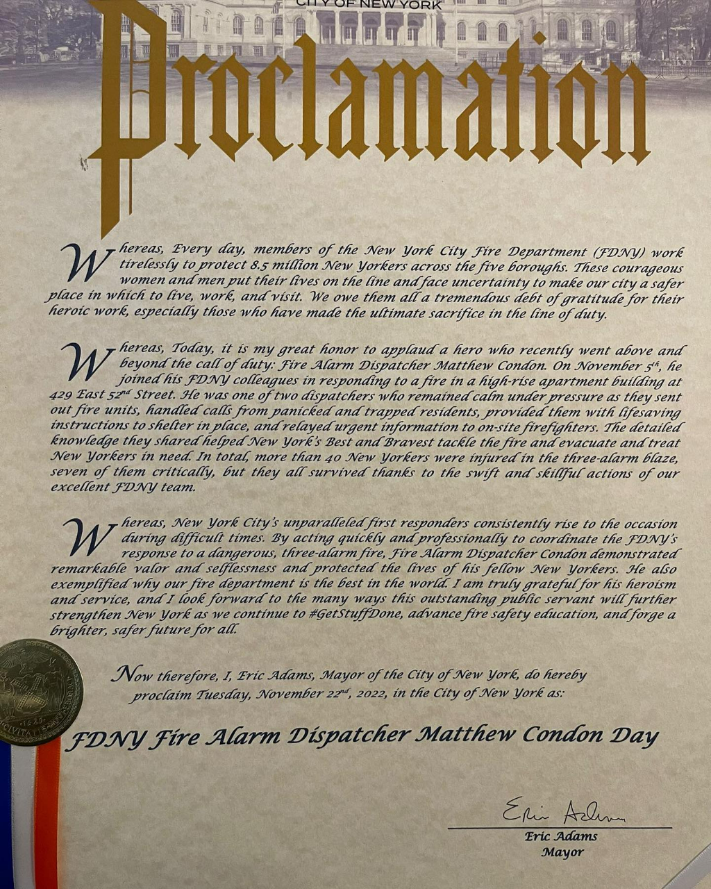 Monsey Fire Department Captain Recognized by NYC Mayor for Efforts During Rescue in NYC